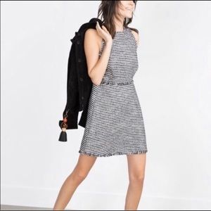 Zara Woman Navy White Tweed Fringe Dress